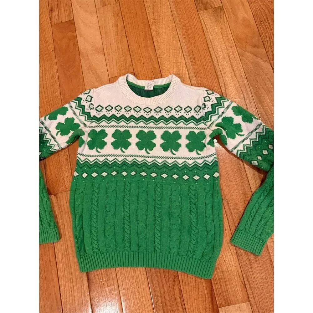 Gymboree Sweater Girls Size 10 Green Shamrock Fair Isle Cable Knit